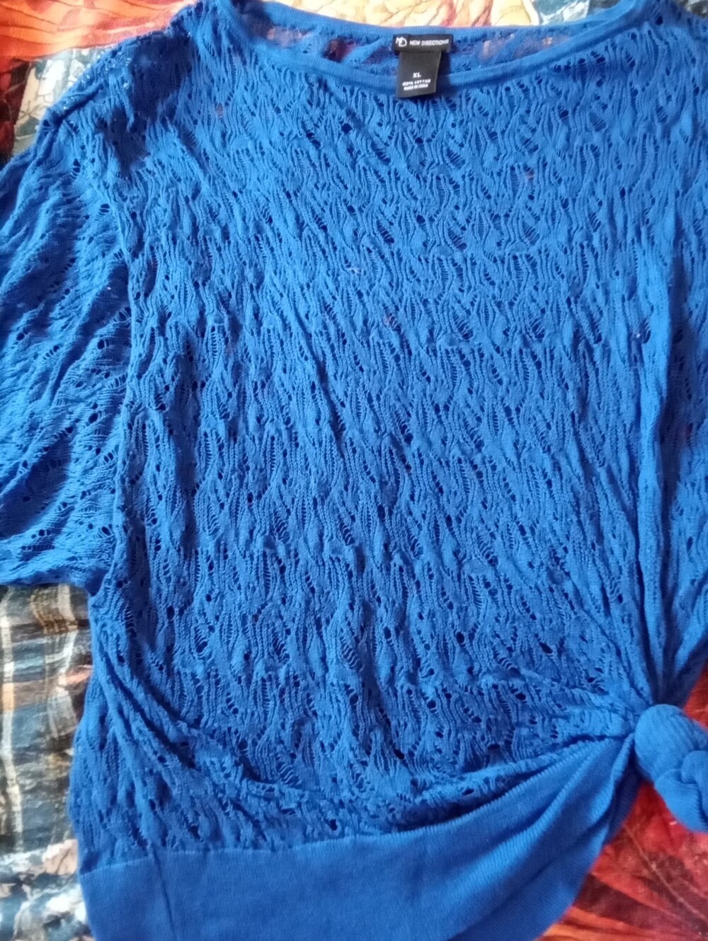 #665 New Directions Royal Blue Open-Knit Short Sleeve Top with Front Knot